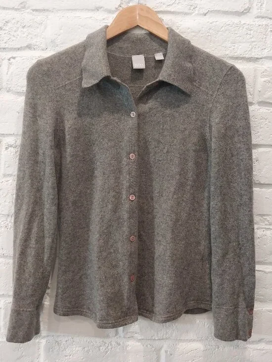 CULLEN 100% Cashmere Gray Button Up Shirt Cardigan Sweater Women S 4 Long Sleeve - Picture 2 of 8